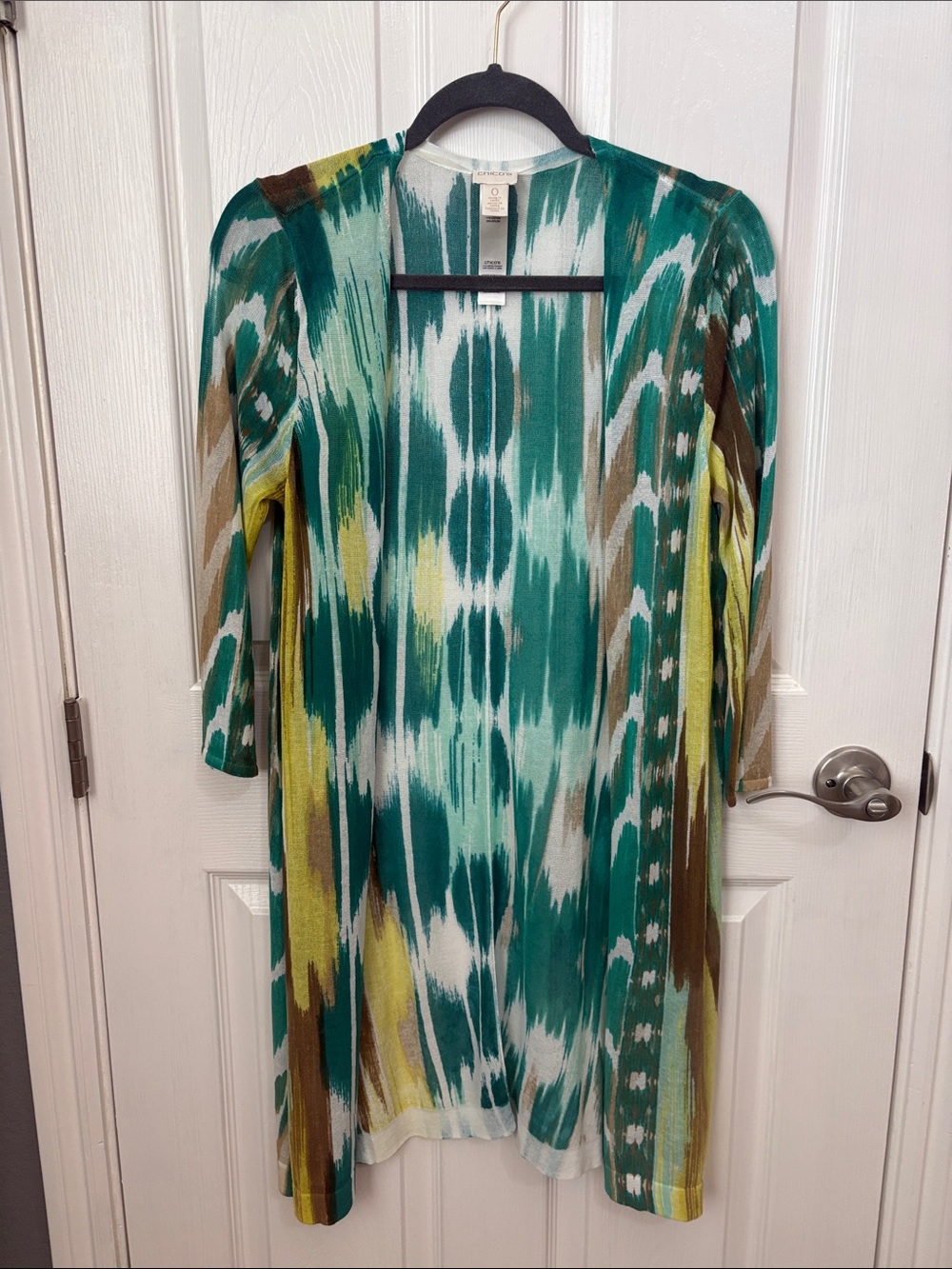 Chico’s Abstract Ikat-Print Open Cardigan in Teal, Yellow & Brown